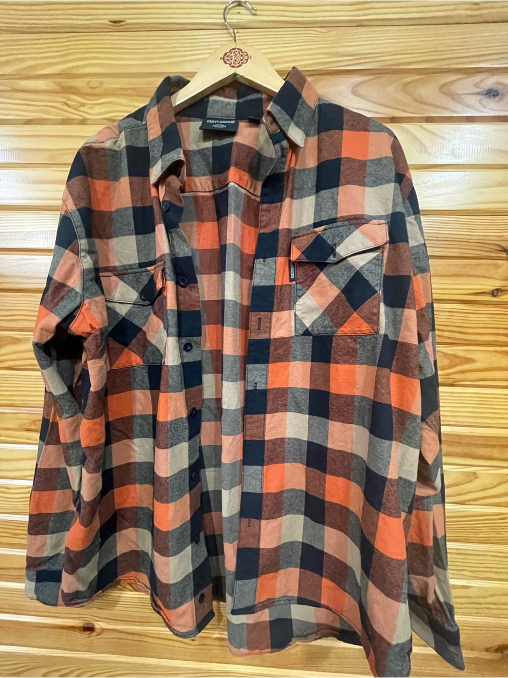 Harley-Davidson Orange Black Tan Plaid Flannel Shirt